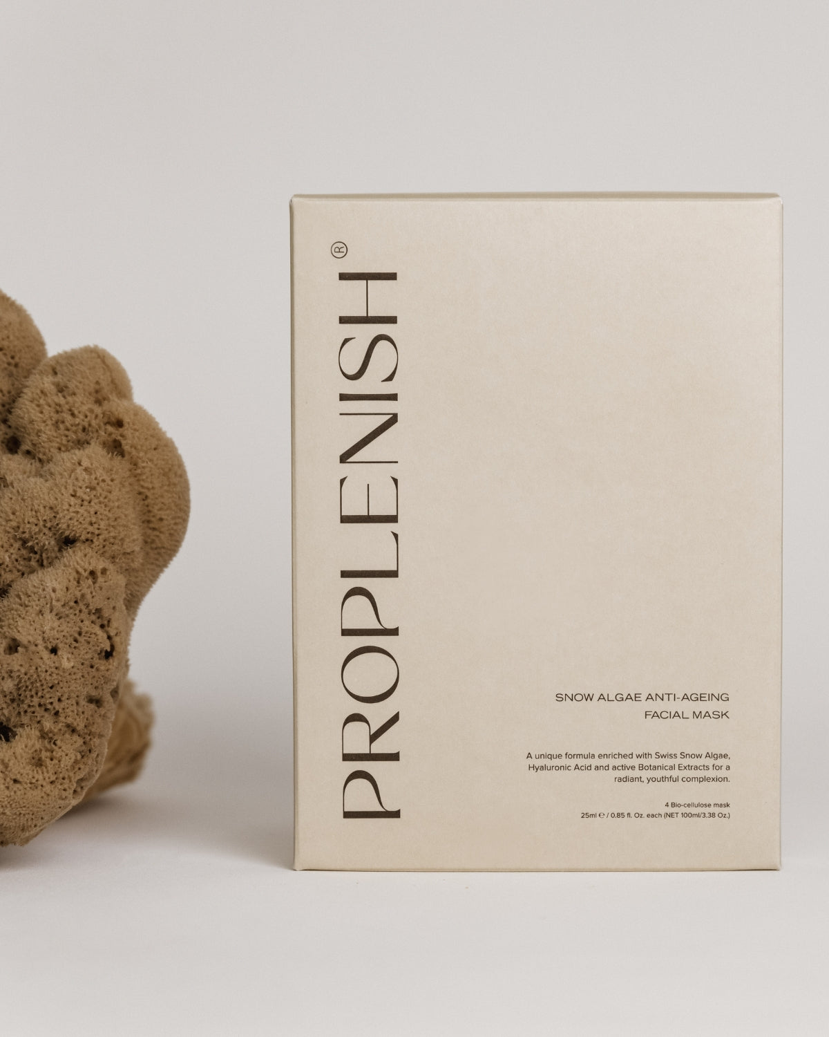 ProPlenish facial mask box with a natural sponge on a light background
